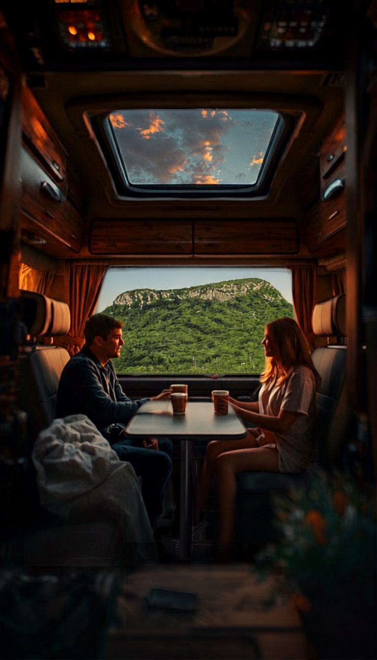 Pareja tomando café dentro de su motorhome al atardecer, con el cerro al fondo por la ventana